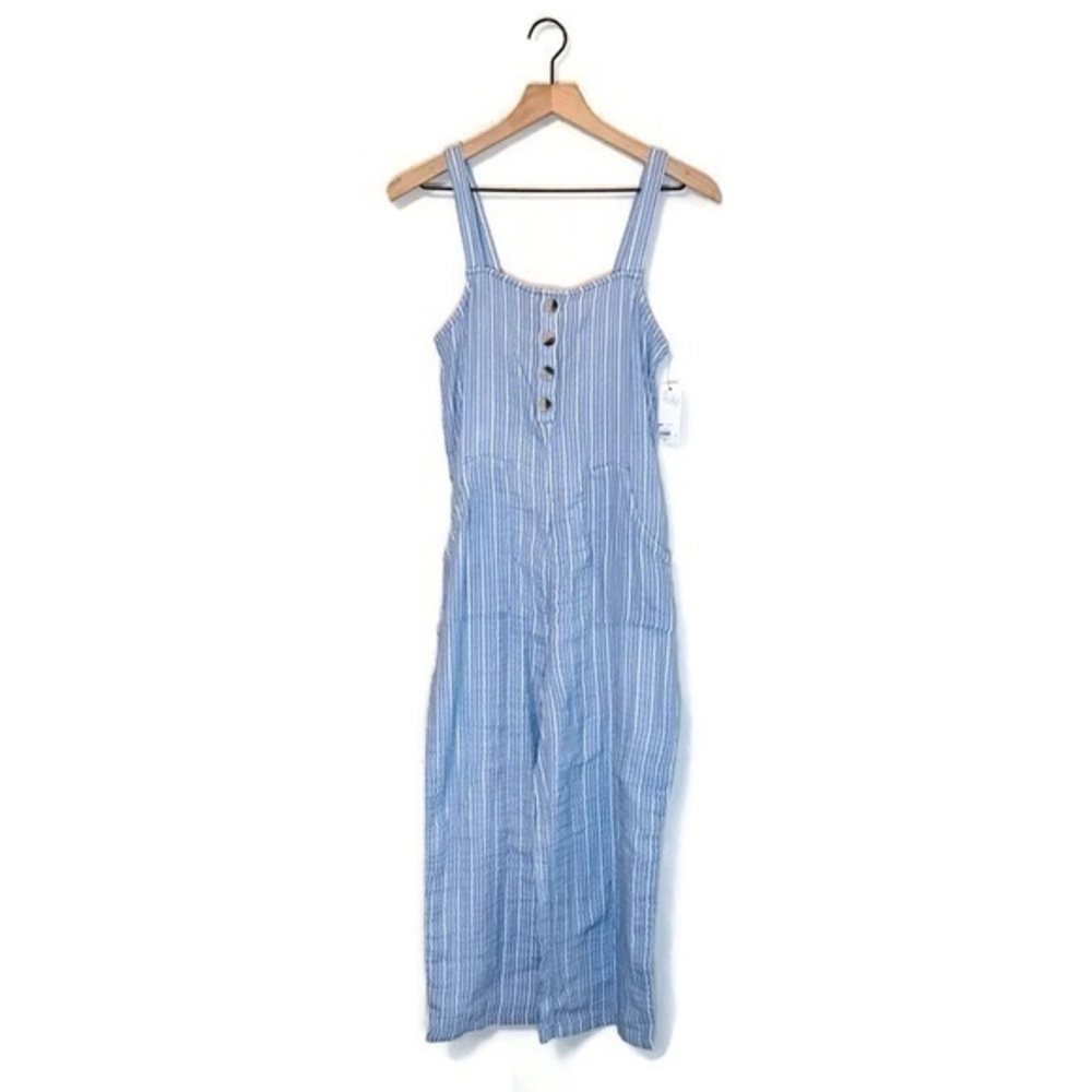 NWT SO Blue White Stripe Overalls Sleeveless Jumpsuit Women’s size extra Small